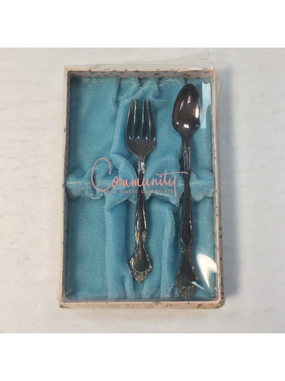 Community Silverplate Baby Fork & Spoon Set In Gift Box  Vintage